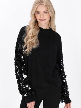 NWT Vince Camuto Knit Sweater L Black Crewneck Sequin Embellished Glam Festive